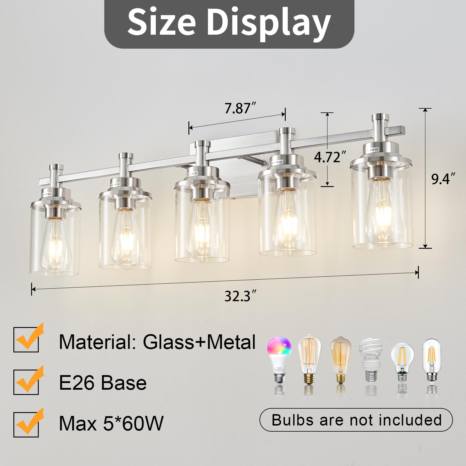 Aixialin 5 Lights Bathroom Light Fixtures, Brushed Nickel Vanity Light With Clear Glass Shade,Modern Wall Sconce For Mirror Bedr