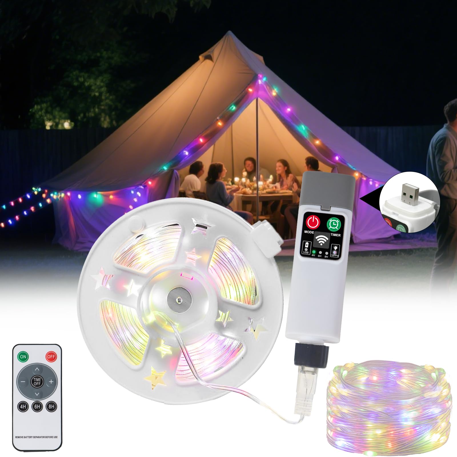 Moobibear Camping String Lights, Quick Storage, 66FT/200LED RGB Rechargeable Tent Lights String with USB 8 Lighting Modes, Hangi