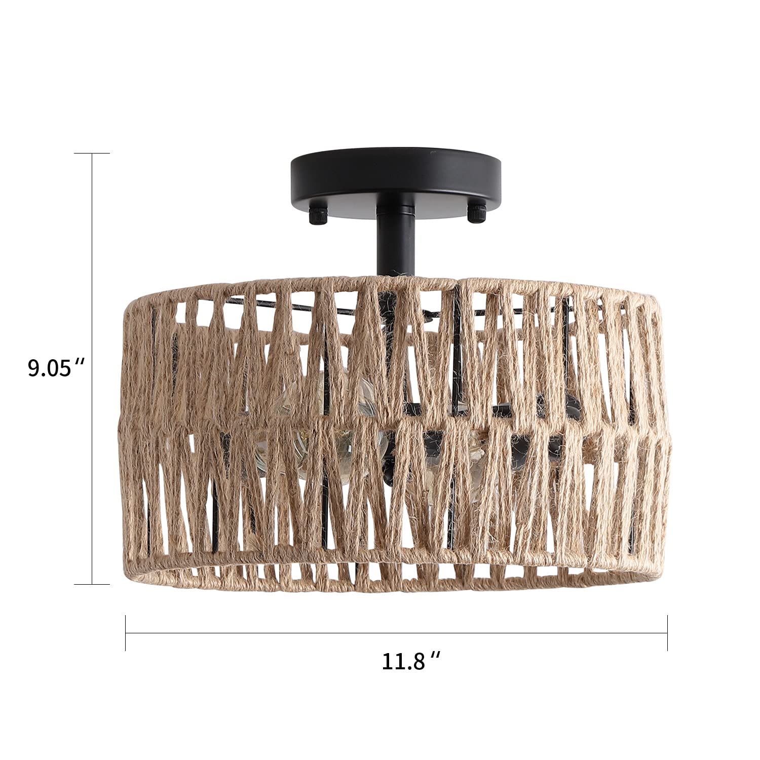 Hchunqjor 2-Light Coastal Woven Flush Mount Light Fixture Rustic Industrial Hemp Rope Semi Flush Mount Ceiling Light For Hallway