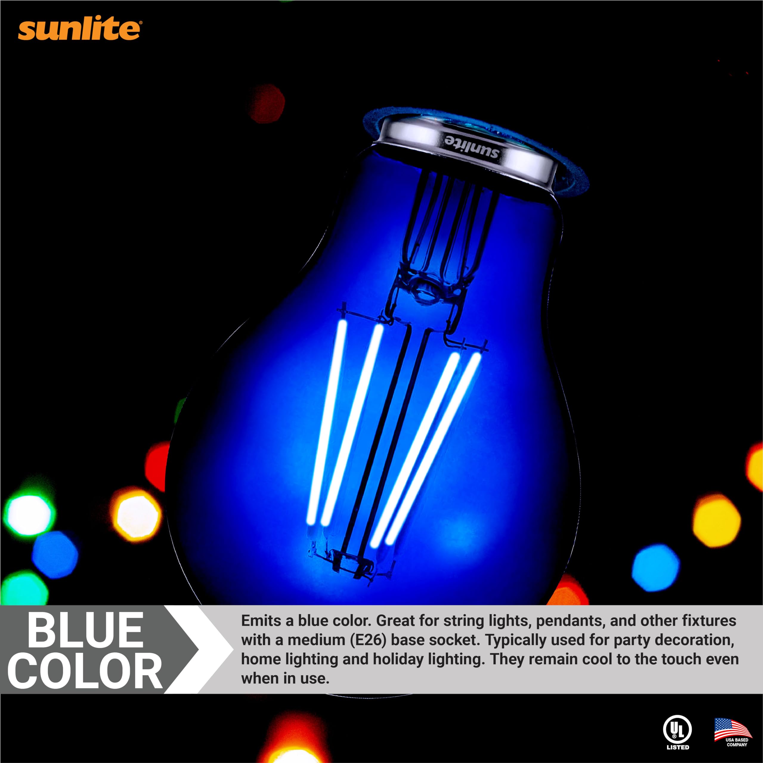 Sunlite 40940 LED Colored Filament A19 Light Bulb, 4.5 Watts, Medium E26 Base, 120 Volts, Transparent Blue, Dimmable, 320 Degree