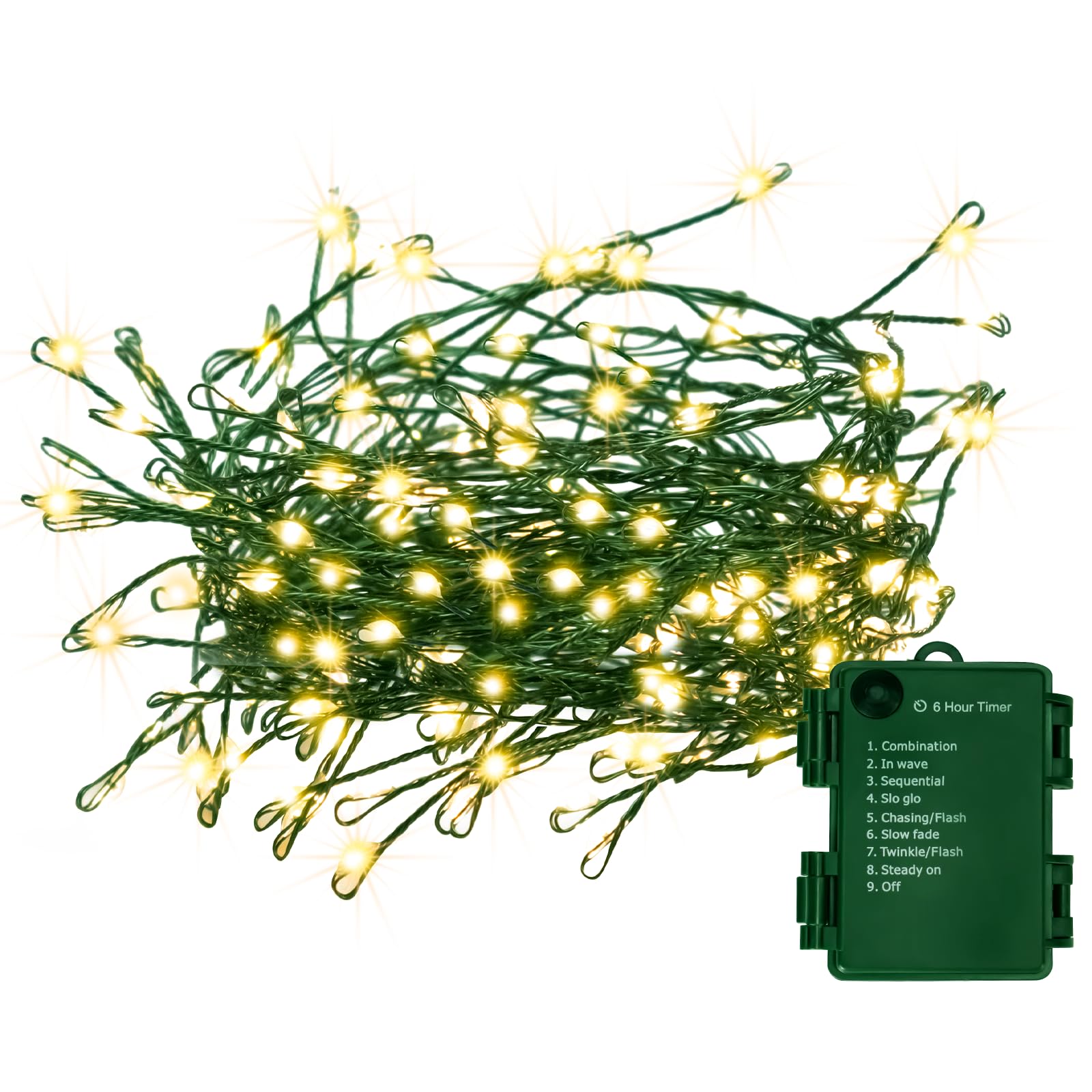 Battery Operated Christmas Cluster Lights, 20FT 200 Micro LED Fairy Lights with 8 Modes and Auto Timer, Green Copper Wire for In
