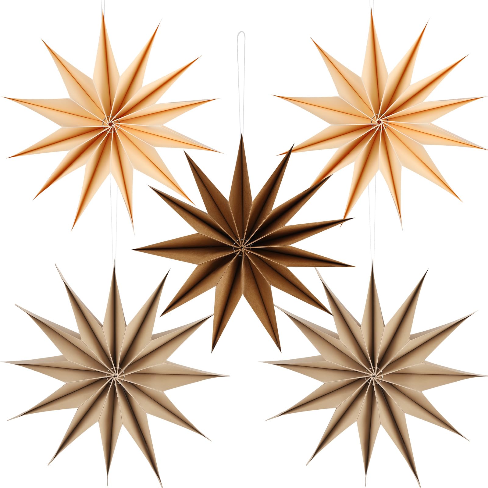 BestoFun 12 Inches 5 PCS Brown Paper Star Lanterns Hanging Khaki Stars Christmas Party Decorations Hanging Beige Lampshade Christmas Wedding Birthday Christmas Home Party Decorations (12 Pointed)