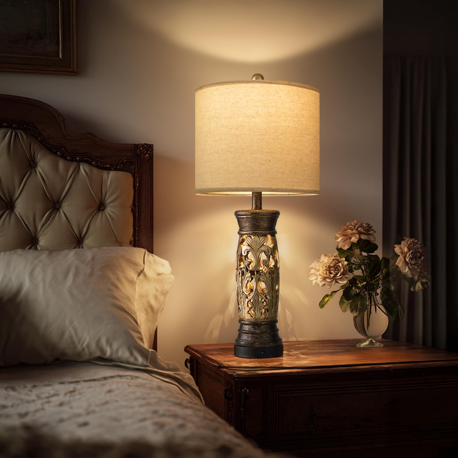 BOBOMOMO Antique Gold Table Lamps Set of 2 - 27.25" Vintage Resin Bedside Lamps with USB Ports, Bulbs Included