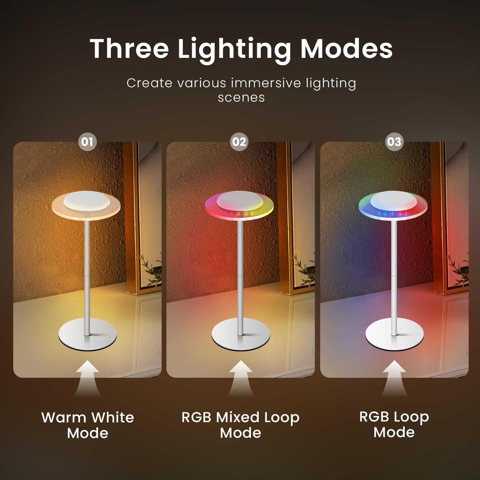 Loftek Cordless Table Lamps - Rechargeable Rgb Color Changing Bedside Lamp, Portable Battery-Powered Light For Bedroom, Living R