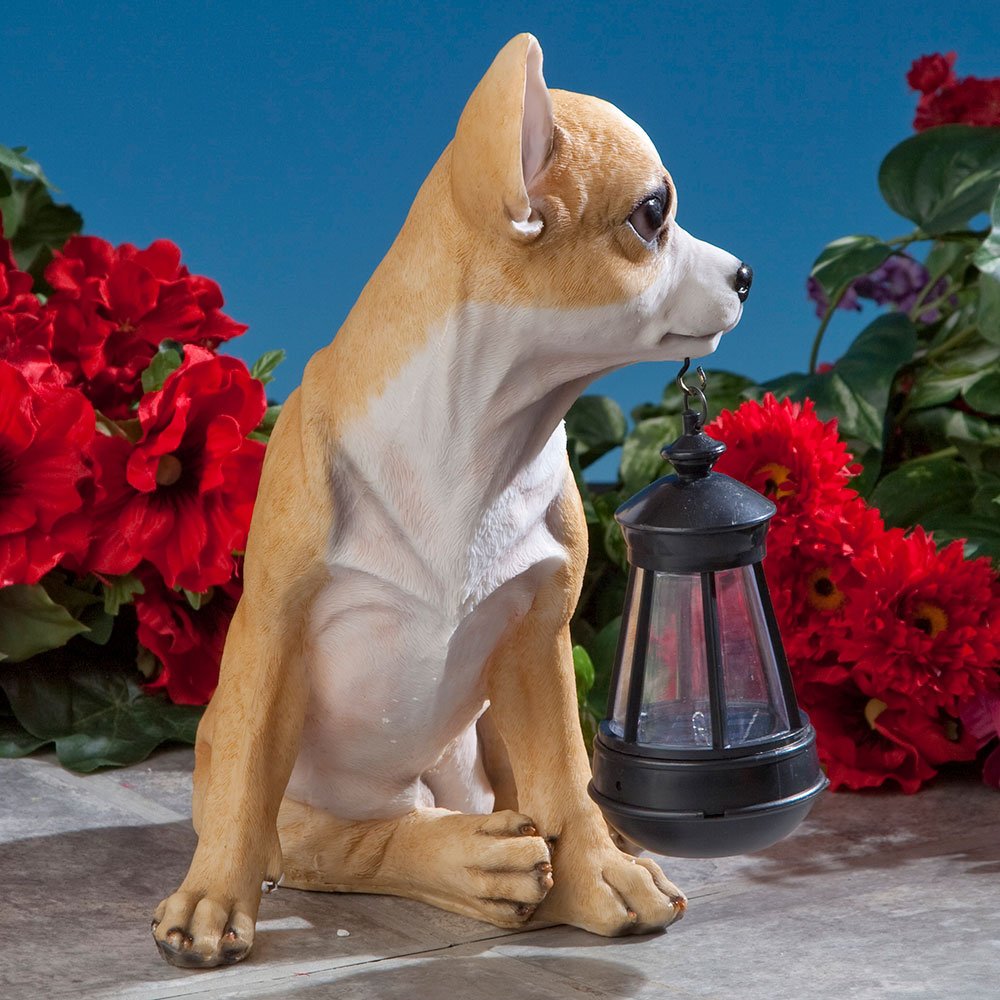 Bits and Pieces Chihuahua Solar Lantern Statue, Polyresin, LED Light, Outdoor Décor, White/Brown, Model 41121