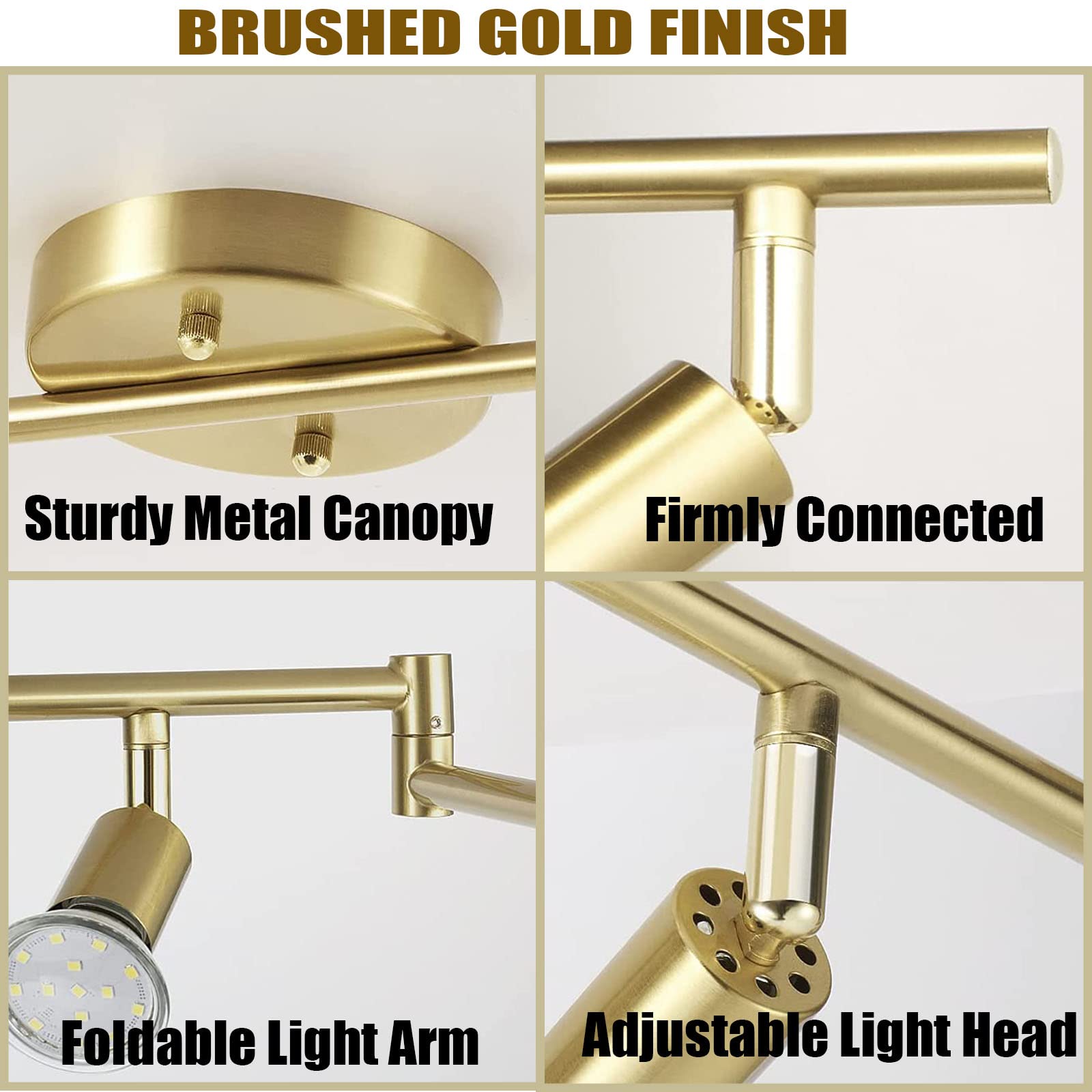 Jqire 6-Light Led Track Lighting Kit,Golden Finish 6 Way Ceiling Spotlight,Rotatable Light Heads,Modern Foldable Track Light Fixtures,Included 6 X Led Gu10 Bulb (4W, Daylight White 5000K,400Lm)
