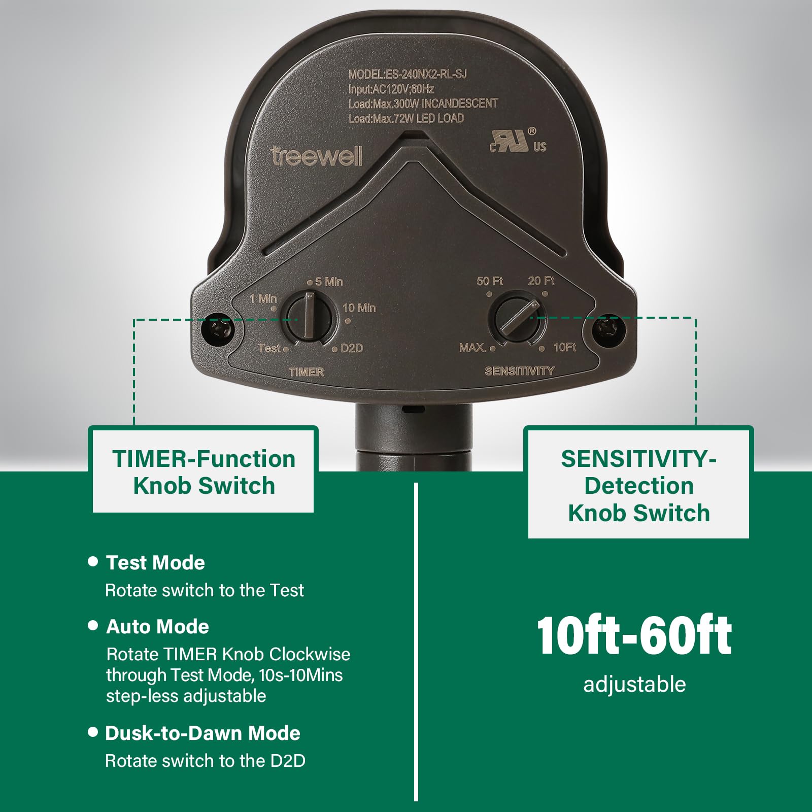 TREEWELL 240-Degree Motion Detector, Adjustable Sensitivity, 60ft Range, 3 Modes, Brown, Model TMD240A, UL Listed