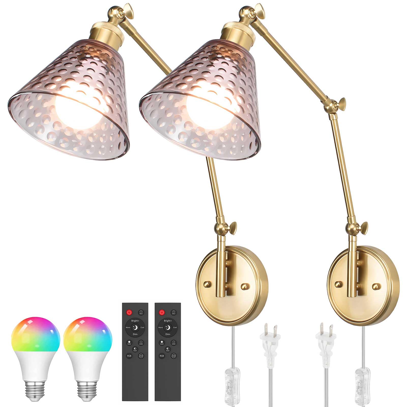BARSUNS Swing Arm Wall Sconce Set of 2, Adjustable Brightness, Gold & Coffee, Metal, Model BS-WL351YC-B2