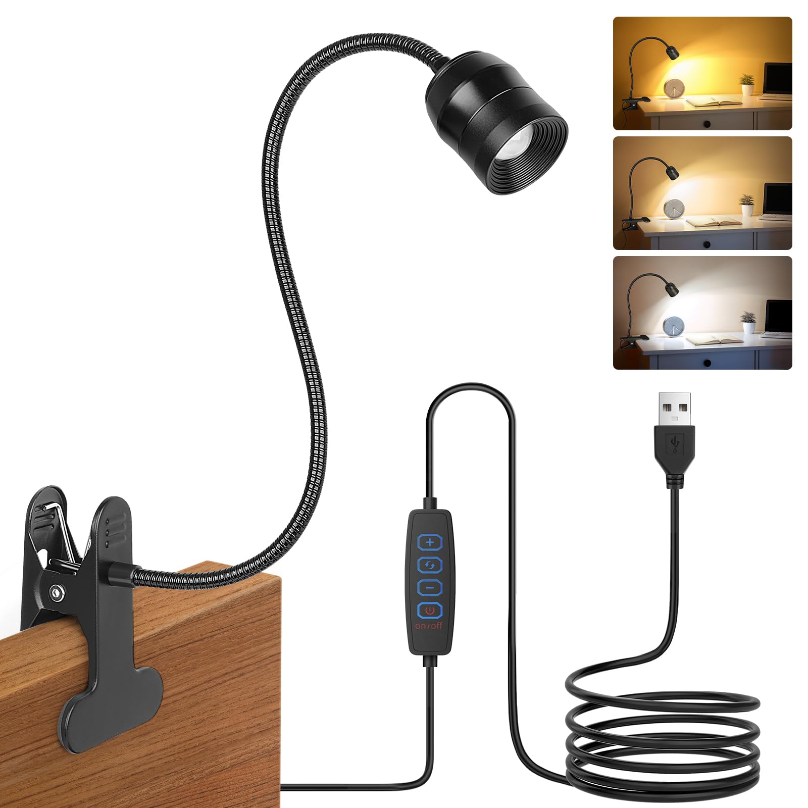 Assimilans Clip on Light - Dimmable Reading Light for Bed with 3 Color Modes & 10 Brightness & 15- 80 Adjustable Angle, 360 Goos