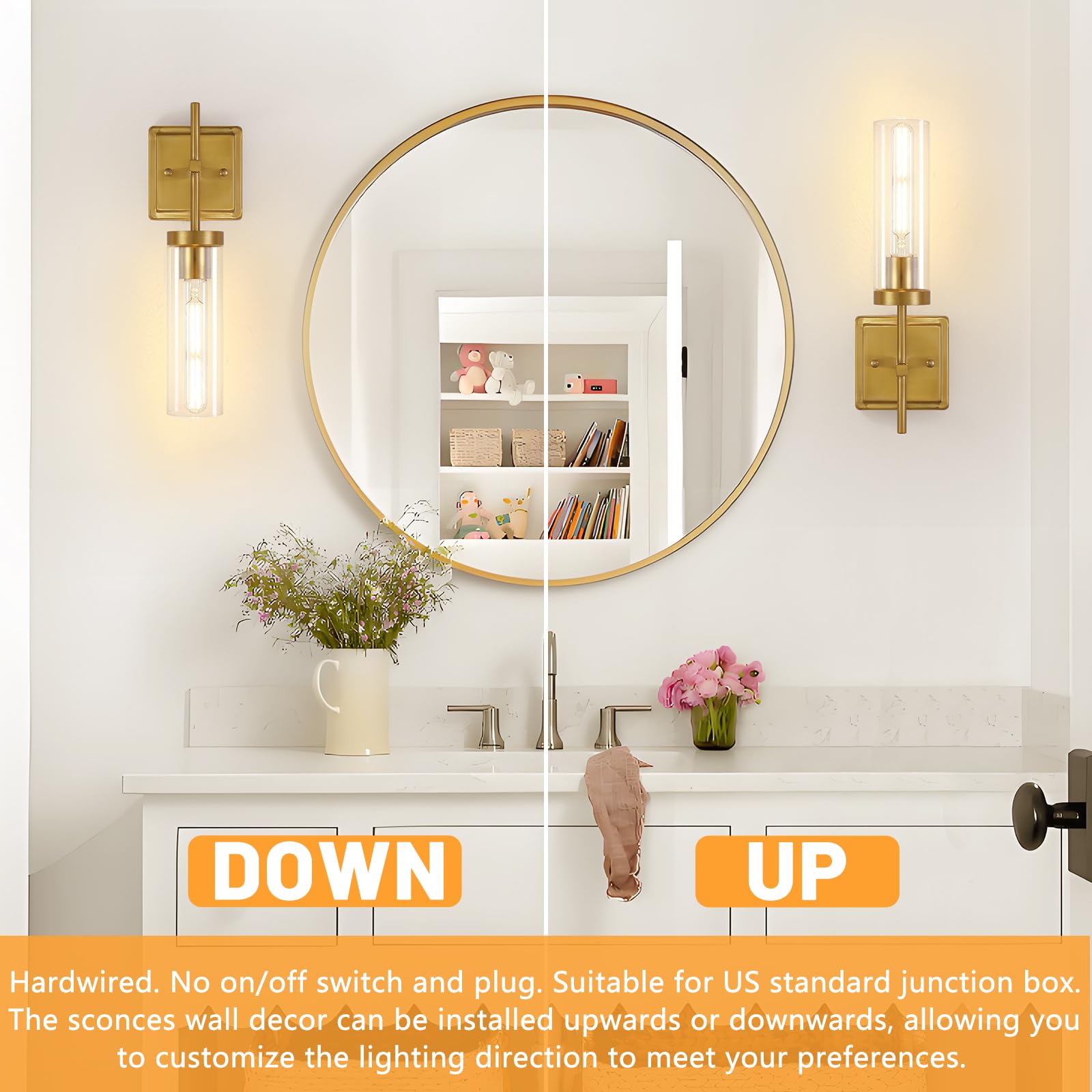Spiglamm Wall Sconces Lighting Set of 2, Hardwired Bathroom Vanity Fixture, Clear Glass Shade, Gold Finish, Model 2P-DTCGS-Gold