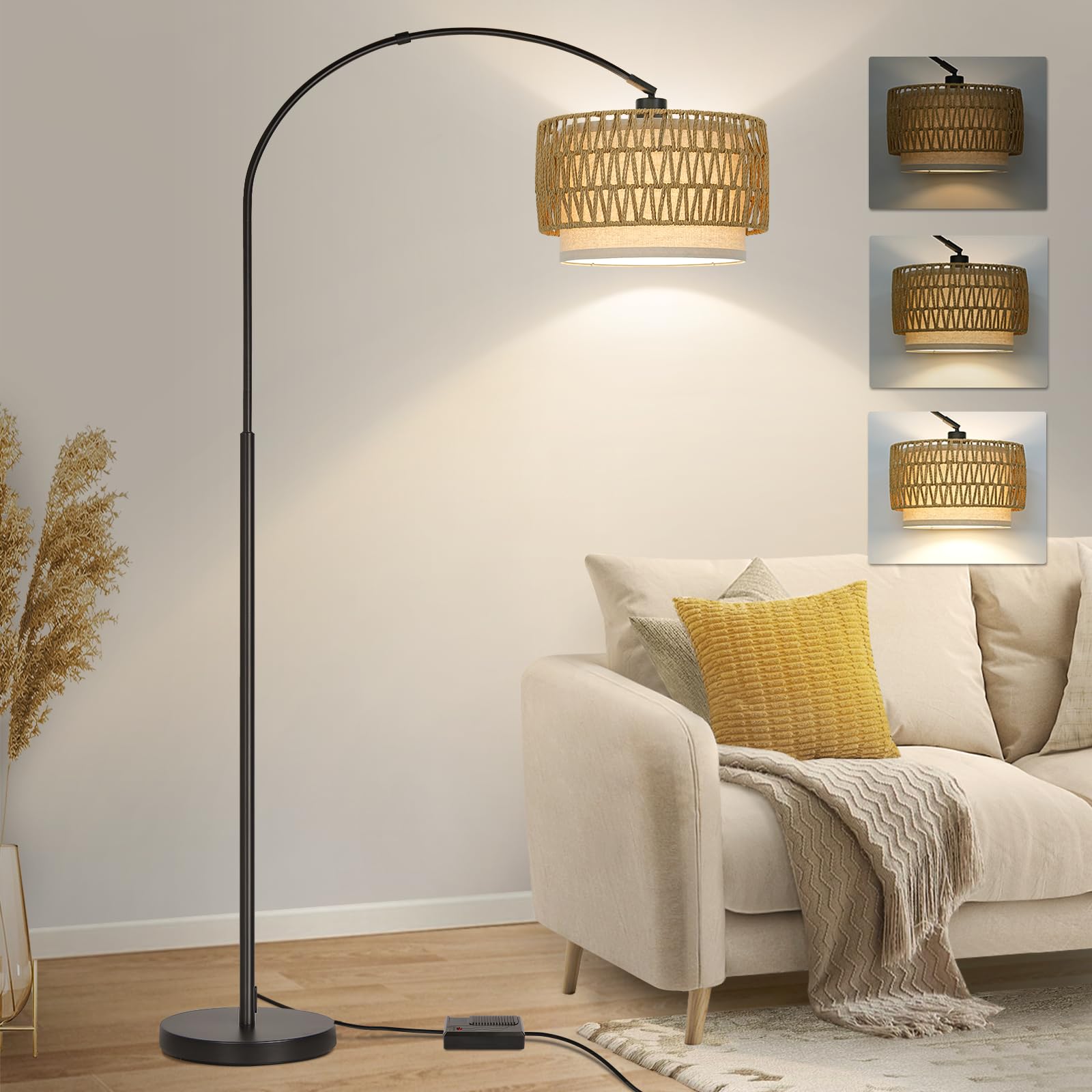 Rattan Floor Lamp, Dimmable Arc Floor Lamps for Living Room, Boho Farmhouse Standing Lamp with Adjustable Head, Tall Pole Lamp R