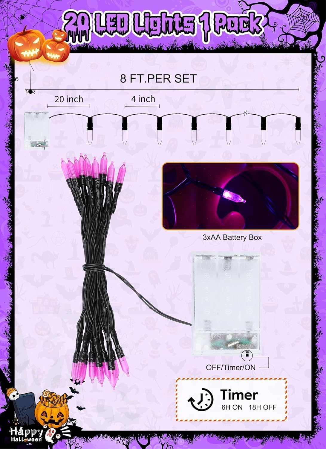 Brightown Battery Operated Indoor String Lights, 20 LED, 8 ft, Orange and Purple, with Timer for Halloween and Christmas Decor