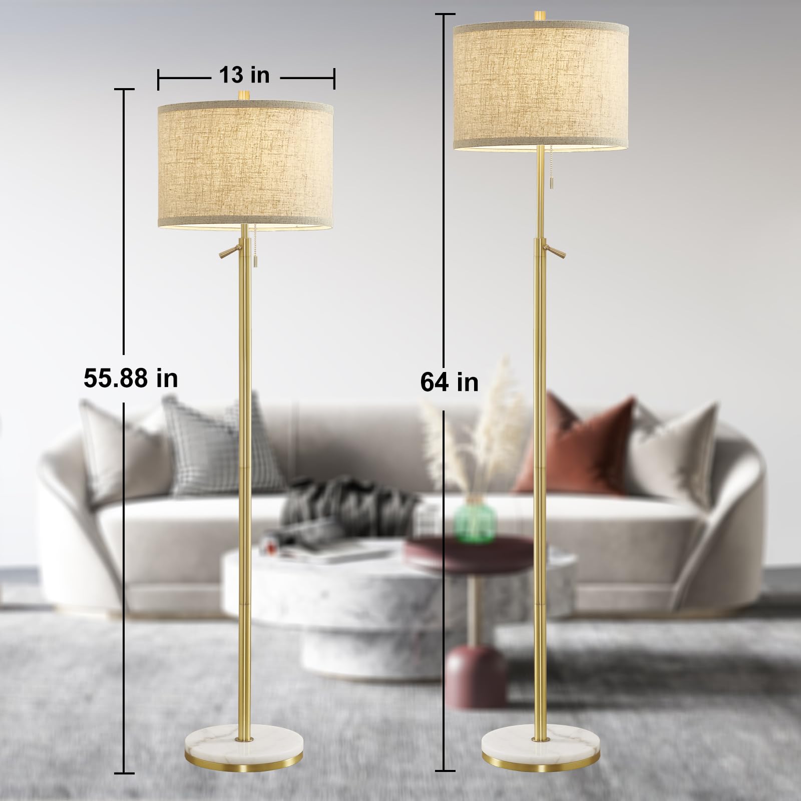 GyroVu Marble Floor Lamp, Adjustable Height, Gold, Stone Base, Pull Chain Switch, Tall Lamp for Living Room, Bedroom, Office