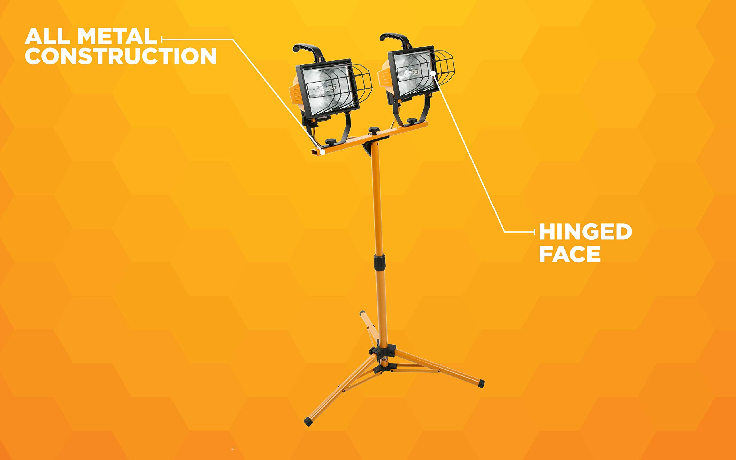 Woods L13 Twin Head Work Light, Adjustable Tripod Up To 42 Inches Tall, 16,000 Lumen, 4-Foot 18/3 Cord, Cord Storage Bracket, Weather Proof Power Switch Per Lamp For Individual Control (Includes 2 500-Watt Quartz Halogen Bulbs)