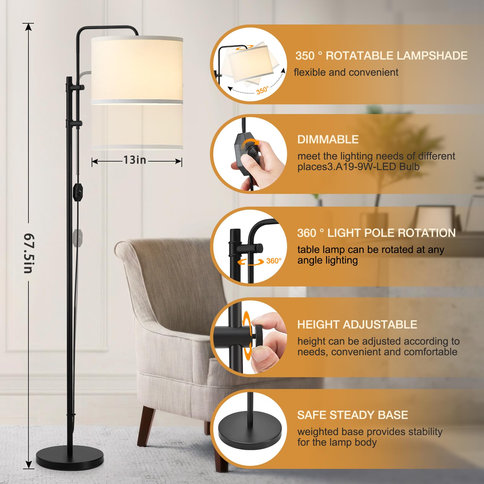 GyroVu Floor Lamp - Adjustable Height, 67.5-Inch, Dimmable, White Fabric Shade, Model 8906367011, Modern Design for Living Room & Office