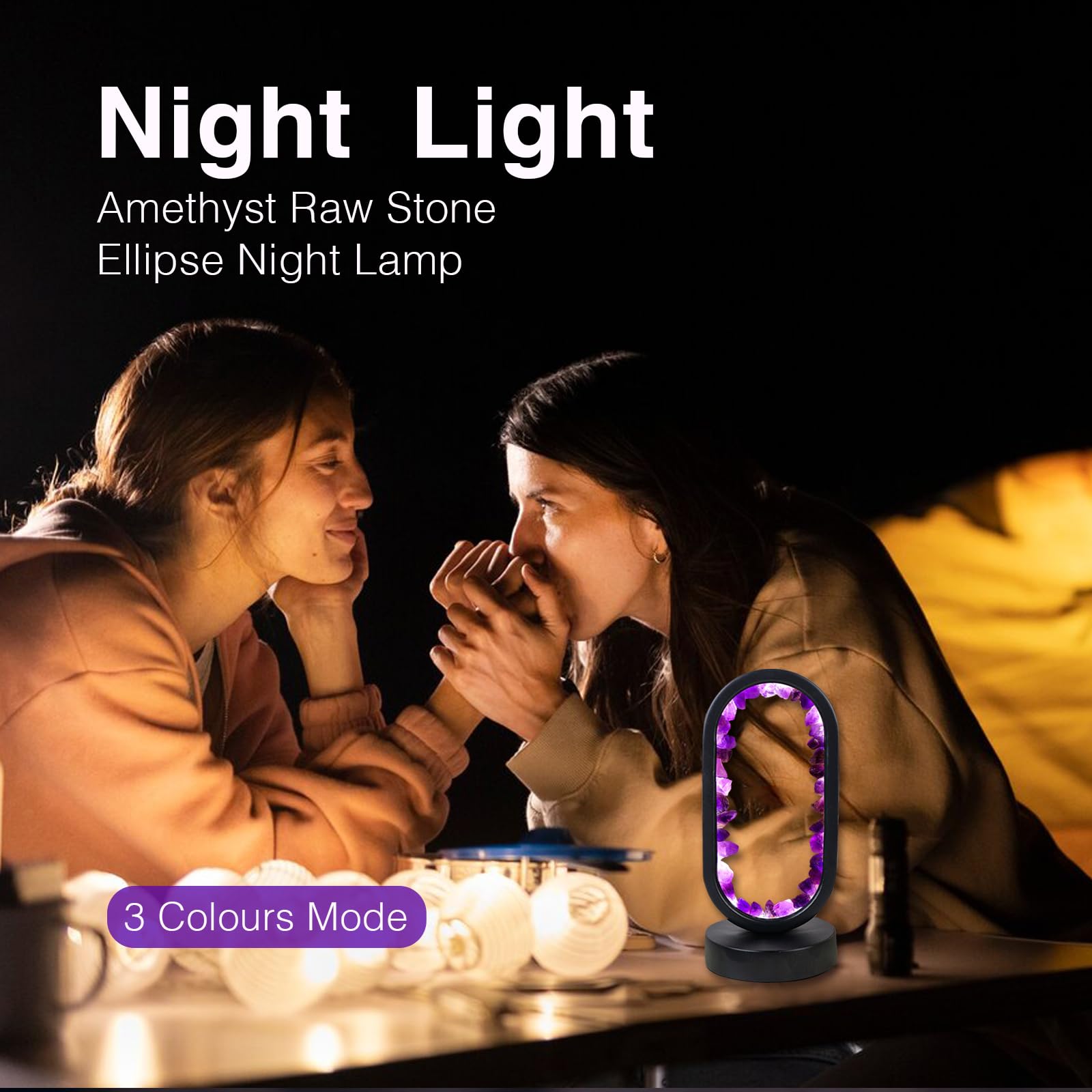 Runyangshi Crystal Lamp Amethyst Raw Stone Ellipse Night Lamp Natural Healing Crystal Night Light Table Lamp Base Usb Port 3 Col