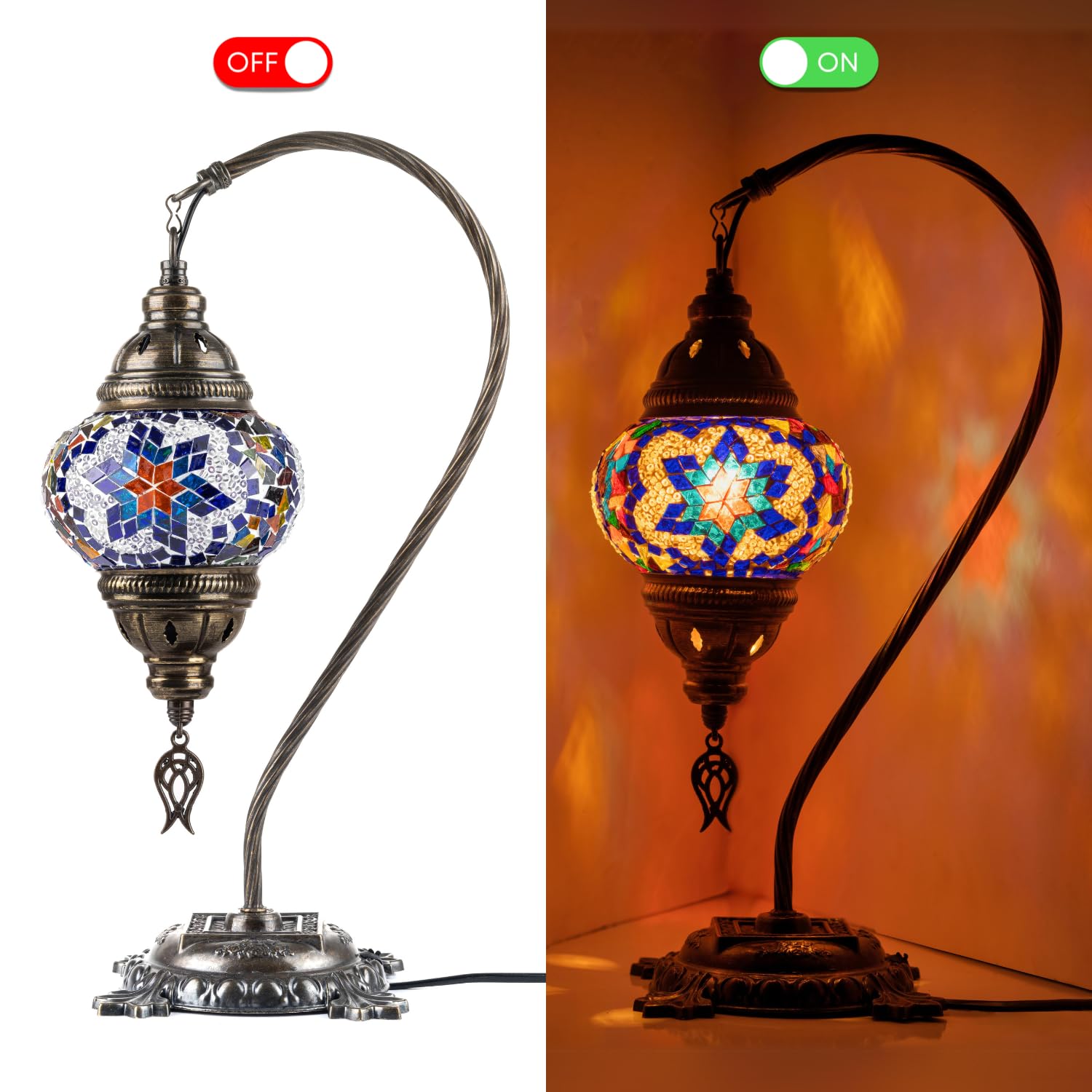 Kafthan Turkish Mosaic Lamp – Handmade Glass Bedside Lamp, Antique Brass Base, 16.14 inches, Red & Navy Center Star, Model ASNML50383