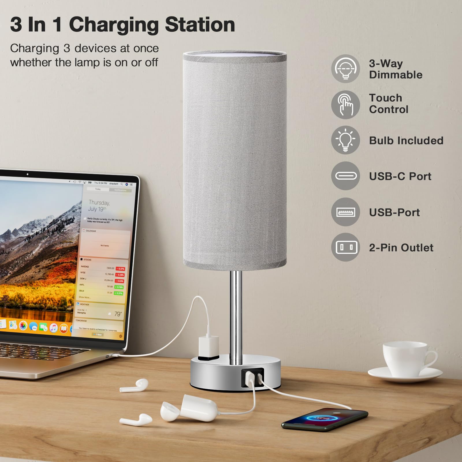 Fenmzee Grey Nightstand Table Lamp For Bedroom - 3 Way Dimmable Bedside Lamp Usb C A Charging Ports And Ac Outlet, Small Table L
