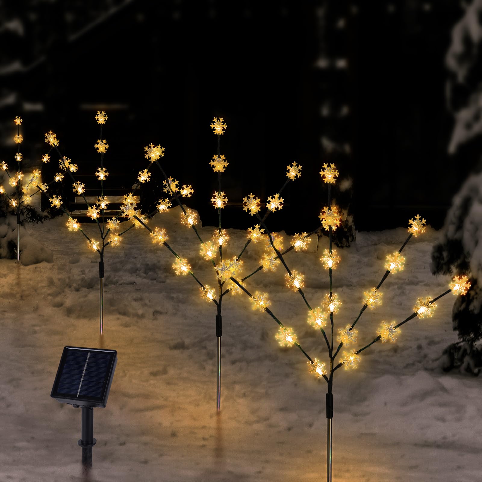 Tailerri Solar Christmas Pathway Lights For Outside  4 Pack Artificial Tree Snowflake Stake Lights  Waterproof Christmas Decorations For Yard Garden Patio Party Winter Decor (Warm White)
