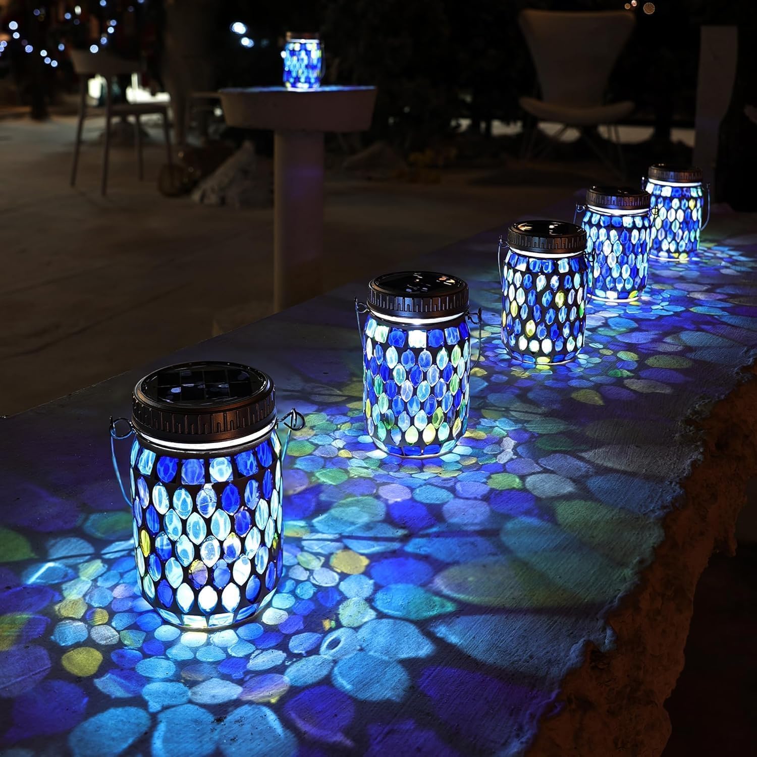 Cooo 2 Pack Mosaic Lanterns Outdoor Waterproof with 215% Larger Solar Panel  Never Rust Lids  True Capacity Battery- Solar Mason Mosaics Jar Lantern for Patio Garden Yard Balcony Christmas Decorations