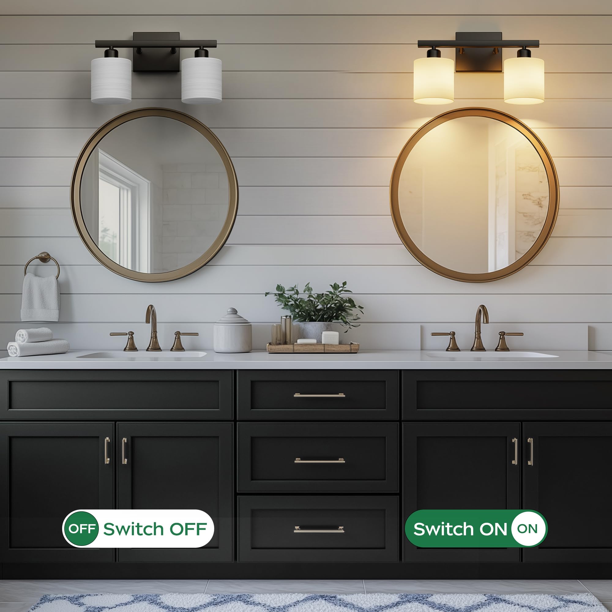 PARTPHONER Classic Vanity Light, 2-Light, Textured White Glass Shade, Matte Black, Model PAWL200AB1