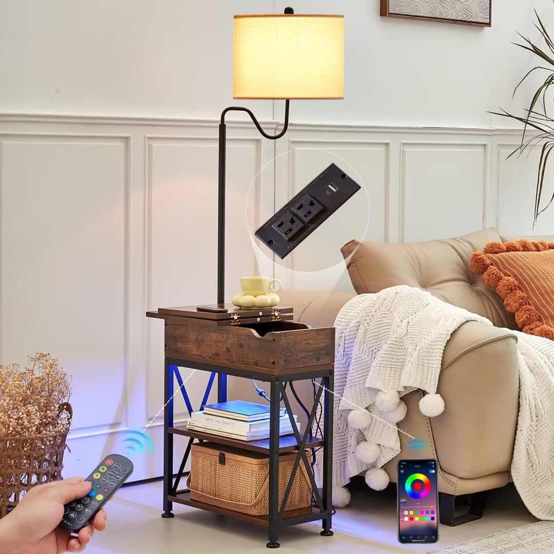 Dungoo Floor Lamp with Table, Narrow End Table with LED Lights Remote Control, Nightstand with USB & AC Outlets, Fliptop Storage