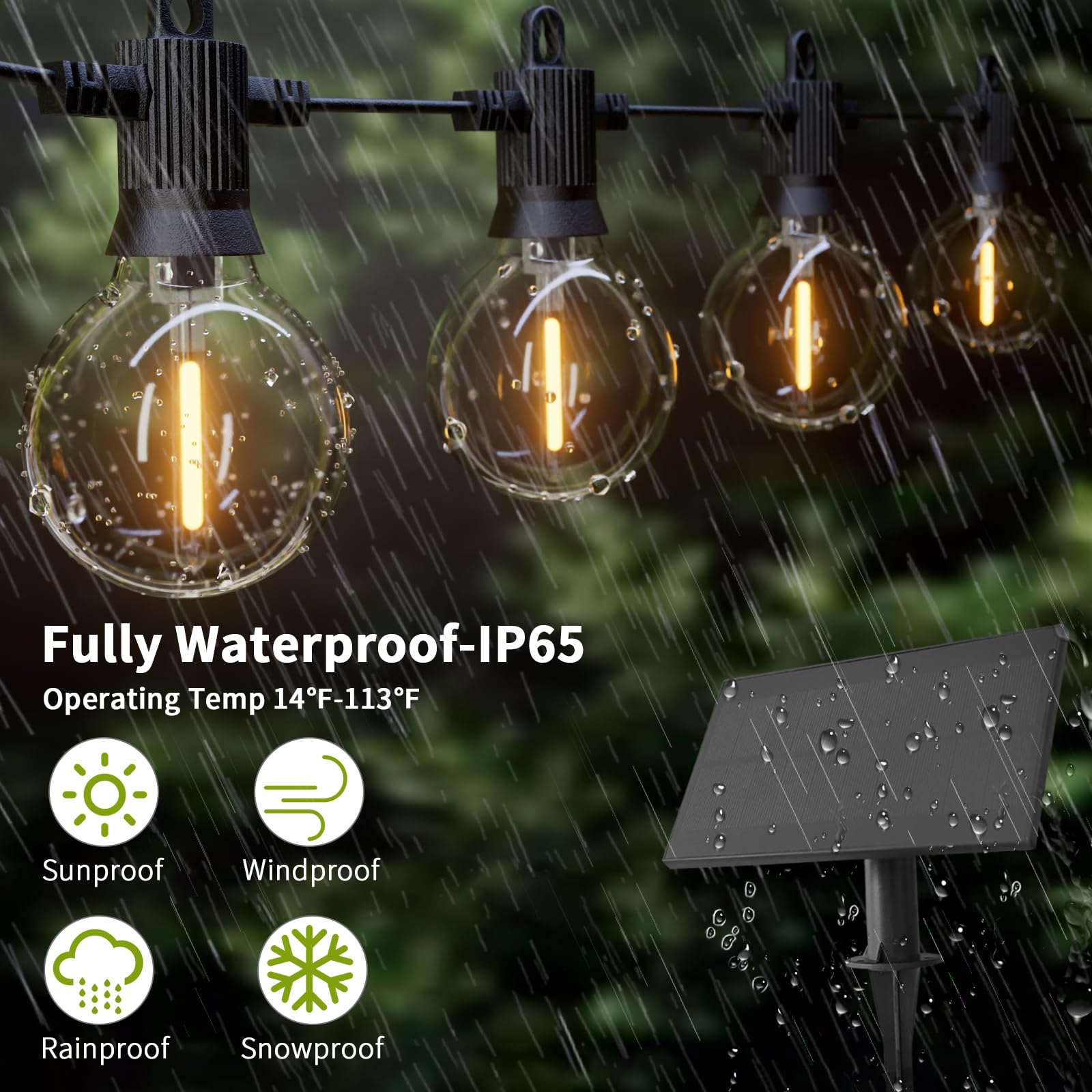 Zotoyi Solar String Lights Outdoor Waterproof Ip65 50Ft With Usb Port And 26 Shatterproof G40 Bulbs(2 Spare), Up To 8-12 Hours F