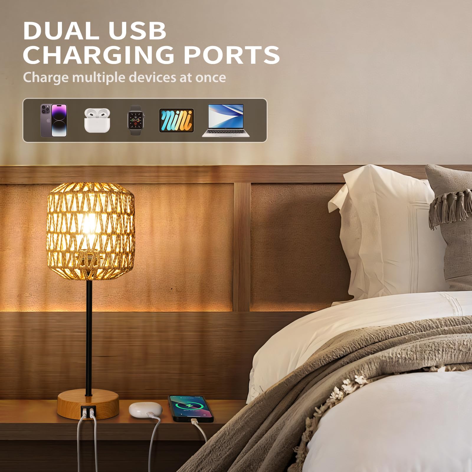 HYMELA Boho Rattan Table Lamp with Touch Control, Dimmable, USB Port, 17 inch Khaki Base, Multicolor, Bulb Included
