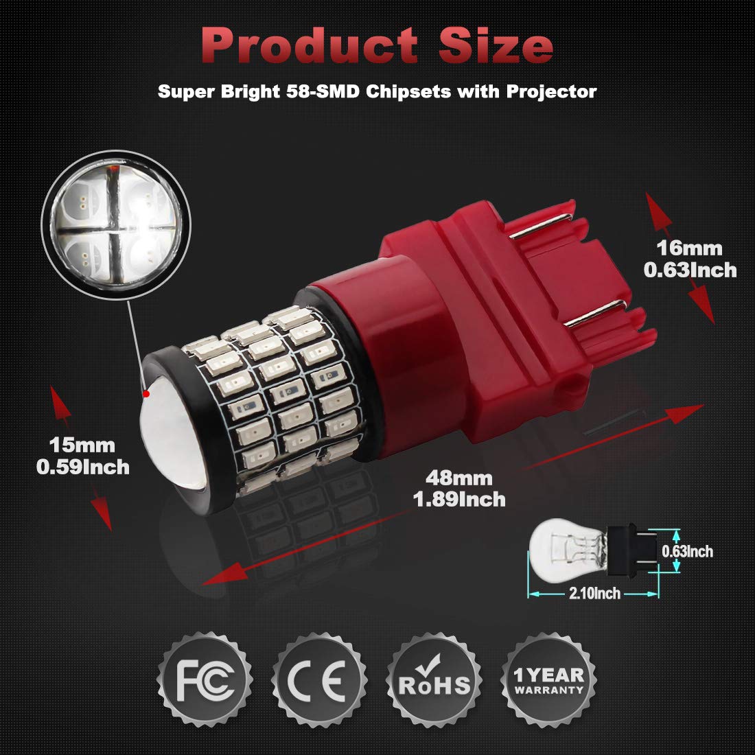Yorkim 3157 LED Bulbs, Red Ultra Bright Brake and Backup Lights, Pack of 4, 3156/3157 Size