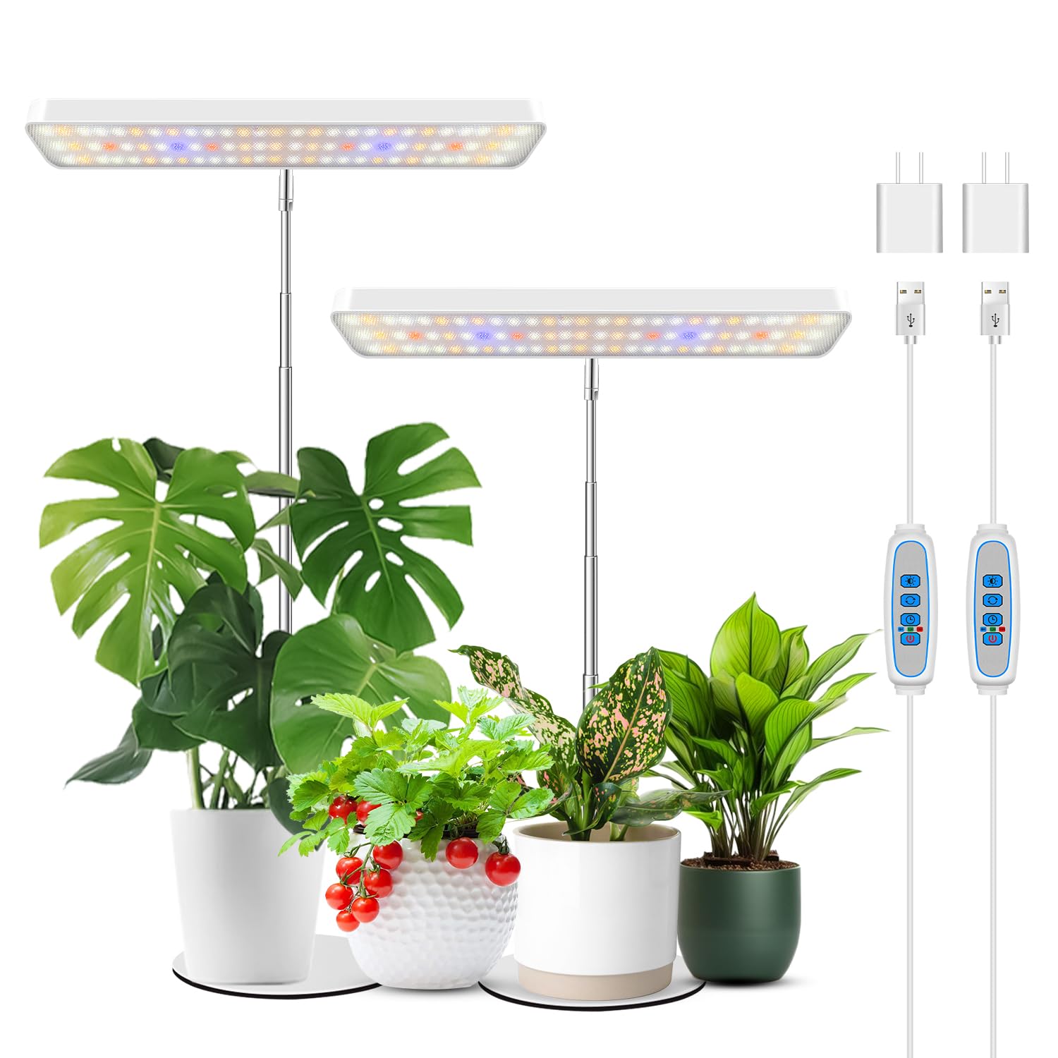 Wiaxulay Plant Grow Light, Full Spectrum LED, 2 Pack, Height Adjustable, Metal Base, White, Model BL-J10B