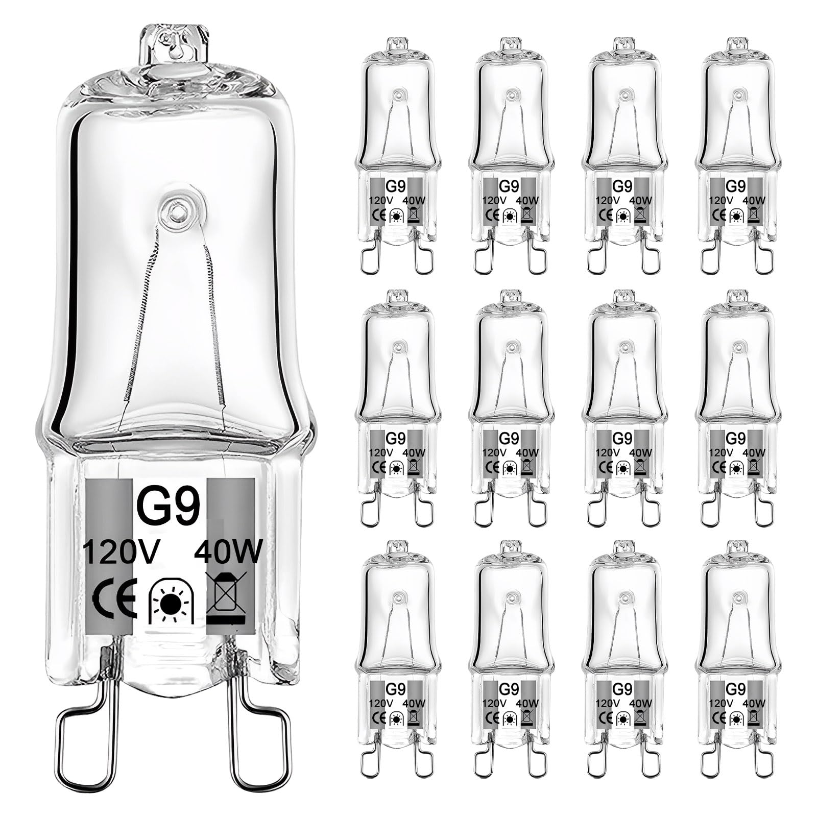 G9 Bulb 40W, 12 Pack G9 Halogen Light Bulbs 2 Pin Base T4 JCD Type 120V Xenon Small Light Bulb for Chandeliers, Range Hood Light