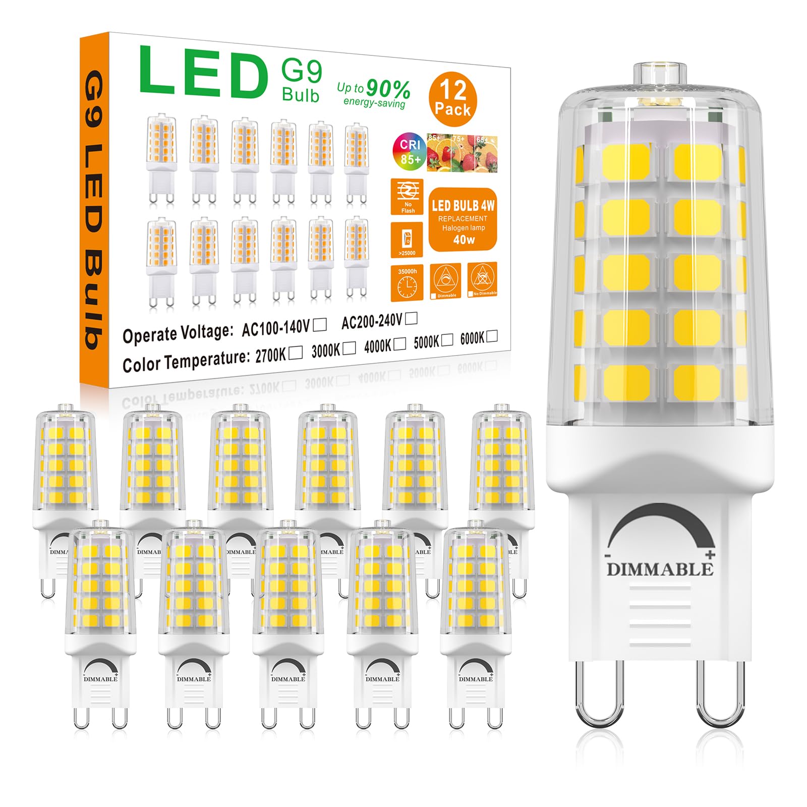 BAOMING G9 LED Bulb Dimmable 4W, 4000K Neutral White, 450LM, Ceramic Base, 12 Pack
