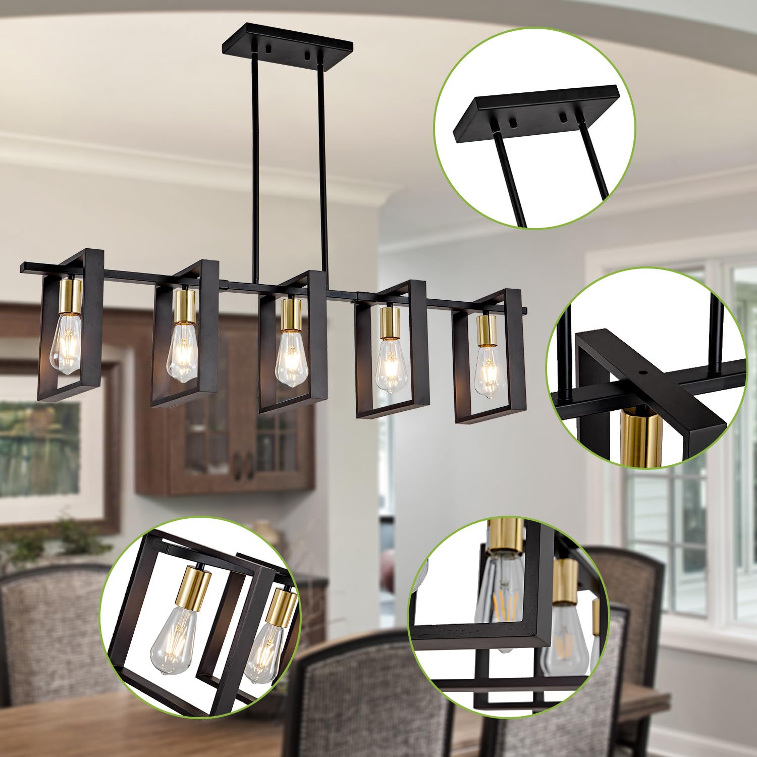 Poroulux Farmhouse Kitchen Island Lighting Black Dining Room Lights Ceiling Hanging Rustic 5 Lights Wood Chandelier Light Fixtur