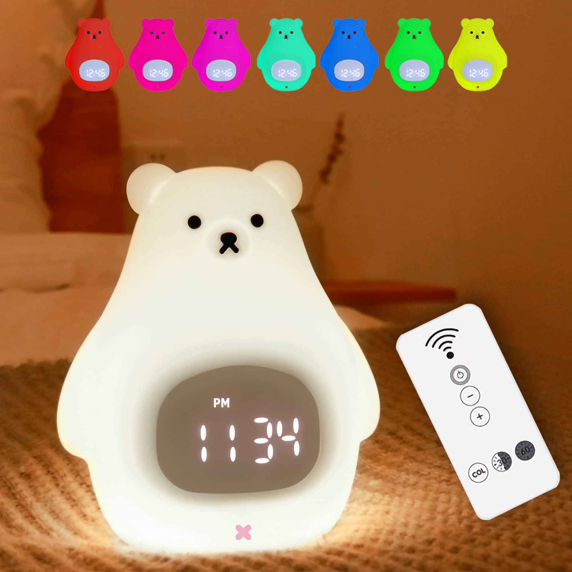 JROSING Bear Night Light for Kids, Cute Alarm Clock, Kawaii Stuff, Remote Control 7 Colors Children Silicone USB Rechargeable Po