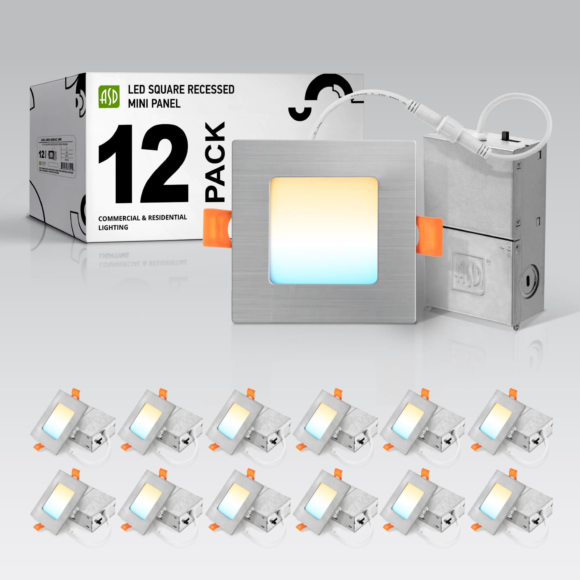 ASD Ultra Thin Square LED Recessed Lighting 6 Inch, 3000K-4000K-5000K Color Temperature Options, 12W 840Lm Dimmable LED Downligh