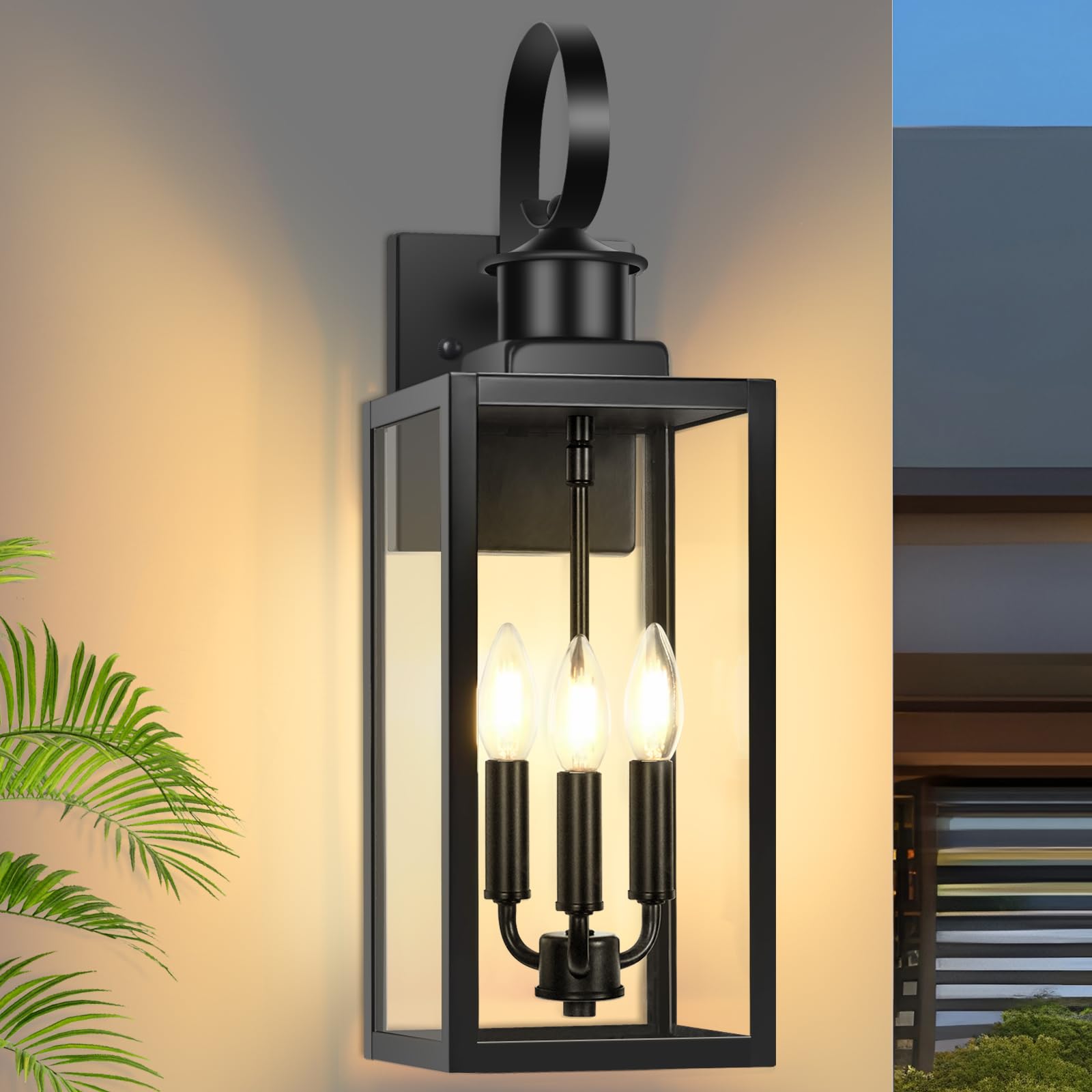 Outdoor Wall Light Fixture, 3-Light 19    Large Waterproof Outside Wall Mounted Sconce Light Fixture with Clear Glass Shade, Bla