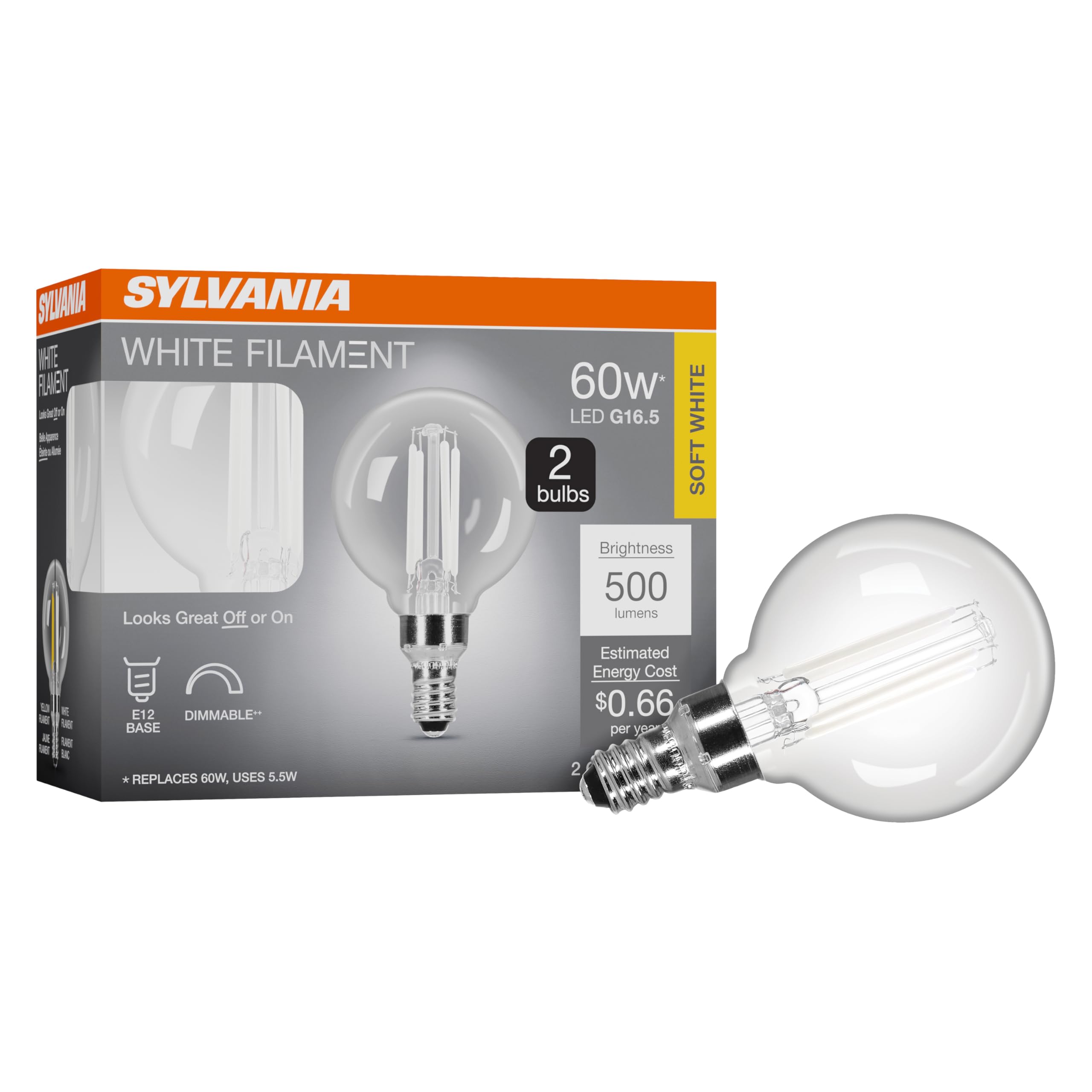 Sylvania G16.5 Clear Globe Led White Filament Bulb, 5.5W, Dimmable, 500 Lms, Candelabra Base, 2700K, Soft White - 2 Pack (42245)