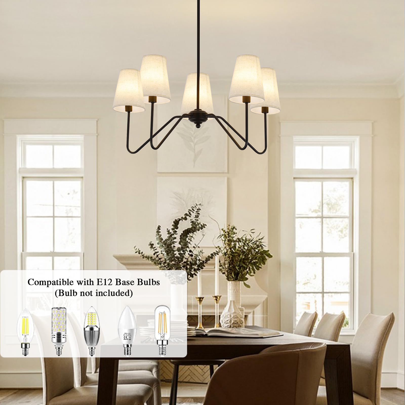 FIYUEOYI 5-Light Modern Chandelier - Adjustable Height, Linen Beige Shade, Metal, A-Black, Model YUX2 for Living Room, Dining Room, Bedroom