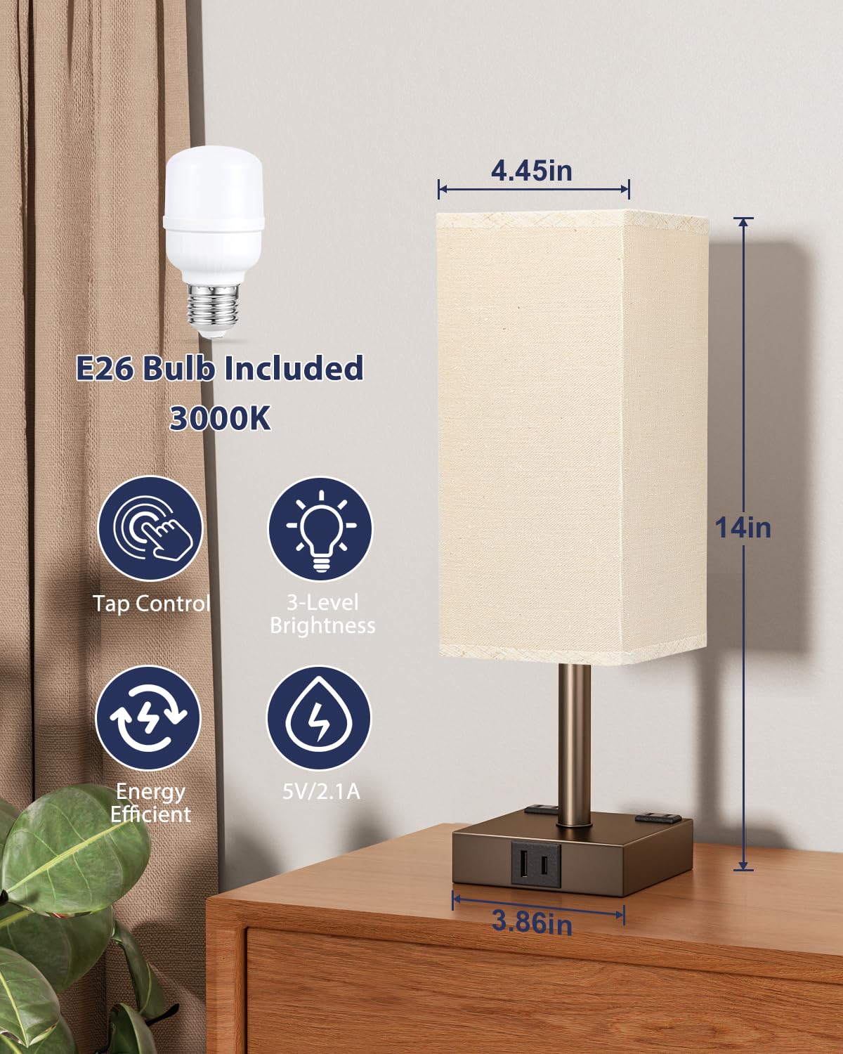 Brown Touch Table Lamp - Bedside Lamp With Usb A + Type C Charging Ports And Two Ac Outlets, Small Night Stand With E26 Led Bulb