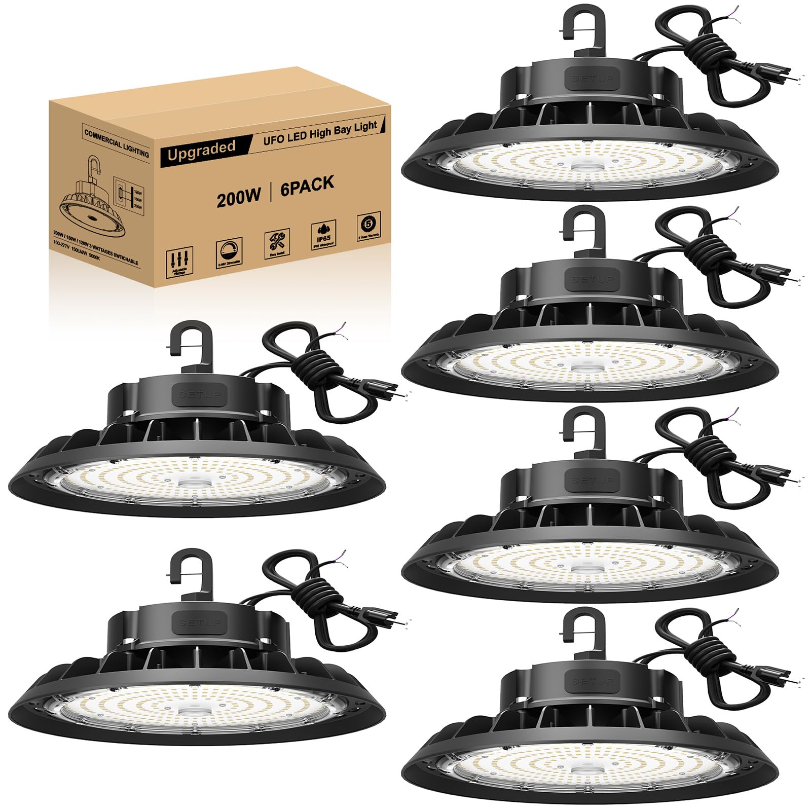 JC-LGL UFO LED High Bay Light 200W 6 Pack, High Bay LED Shop Light 30,000LM 0-10V Dimmable, 5' Cable with US Plug, Hanging Hook,
