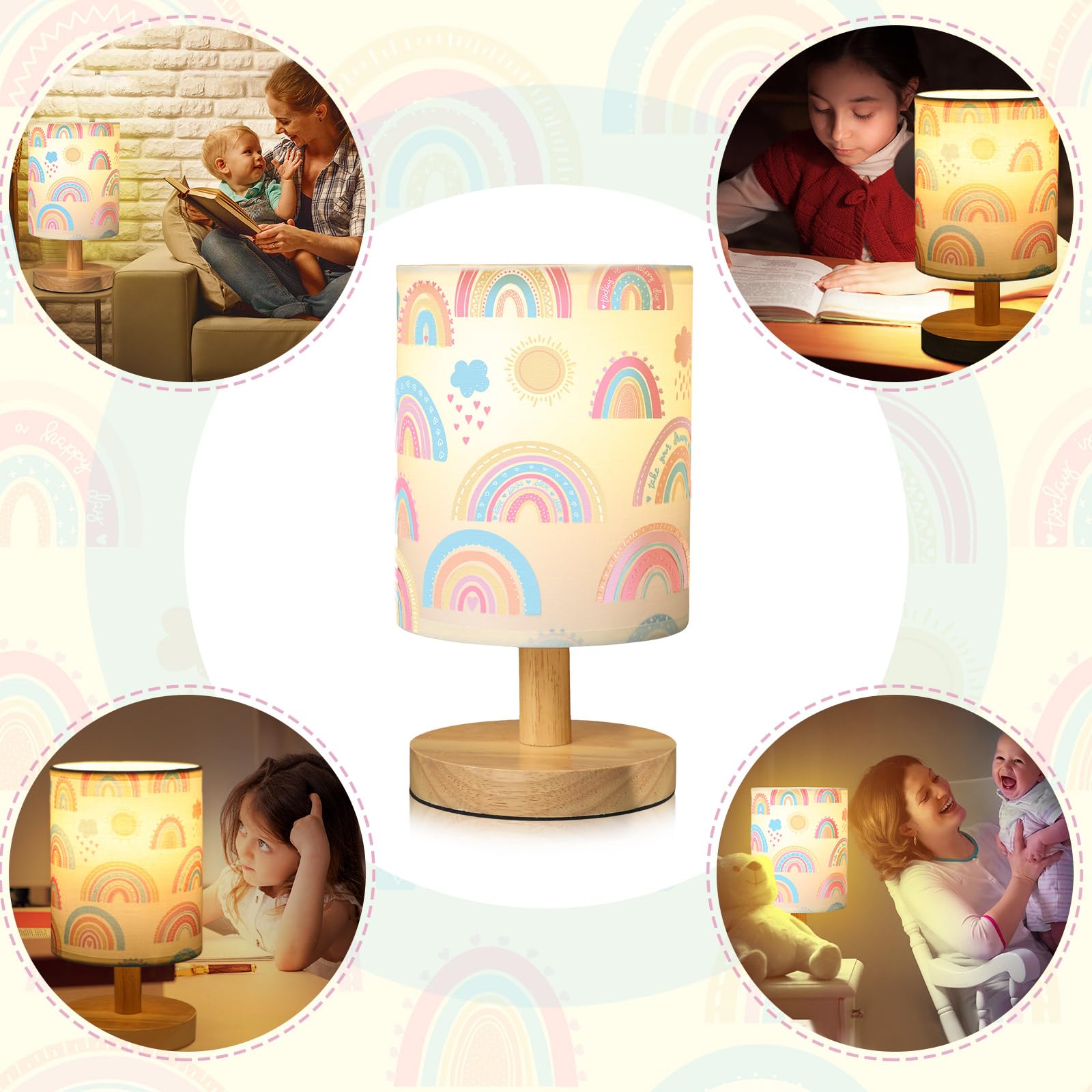 Vihose Rainbow Lamp For Girl Bedside Kids Lamp With Linen Wooden Nightstand Cartoon Nursery Light Lampshade For Girls Boys Livin
