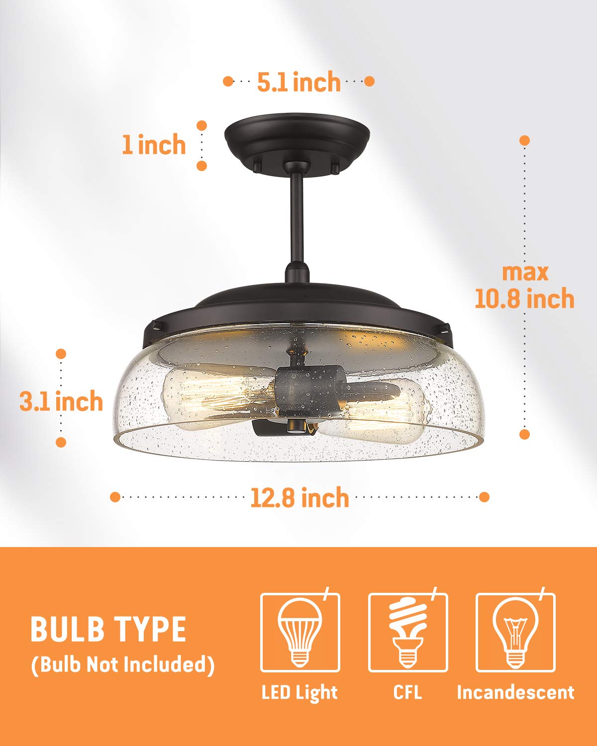 Eapudun 2-Light Semi Flush Mount Ceiling Light, Oil-Rubbed Bronze With Seeded Glass Shade