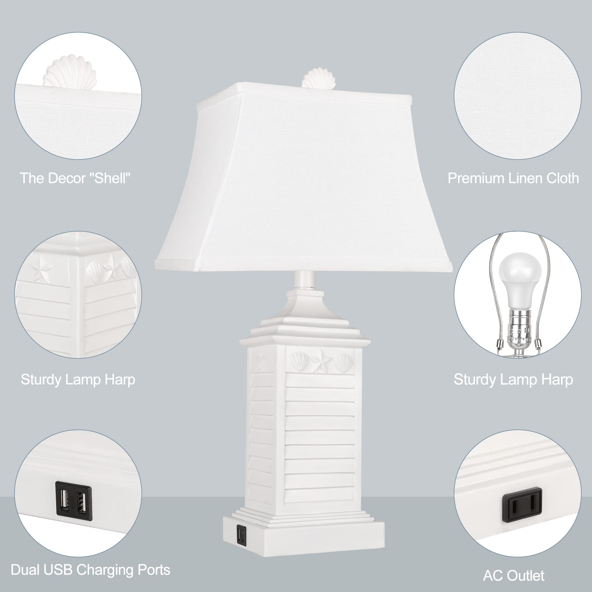 Hamucd Table Lamps Set of 2, USB Ports & AC Outlet, Modern Resin, White, Coastal Design, Nightstand Lamp (Bulbs Included)