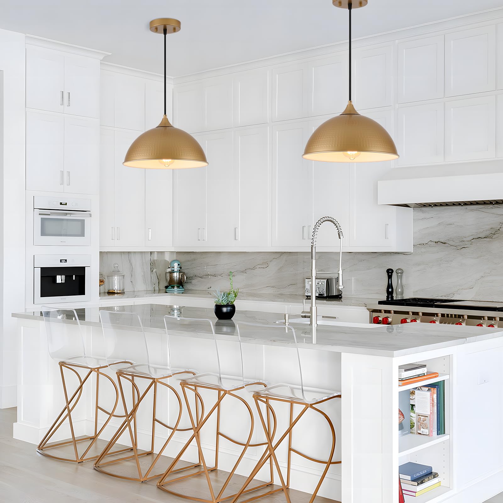 Miaybph Pendant Lighting For Kitchen Island, 2 Pack 12'' Dome Pendant Light Fixtures With Gold And White Finish Industrial Hangi