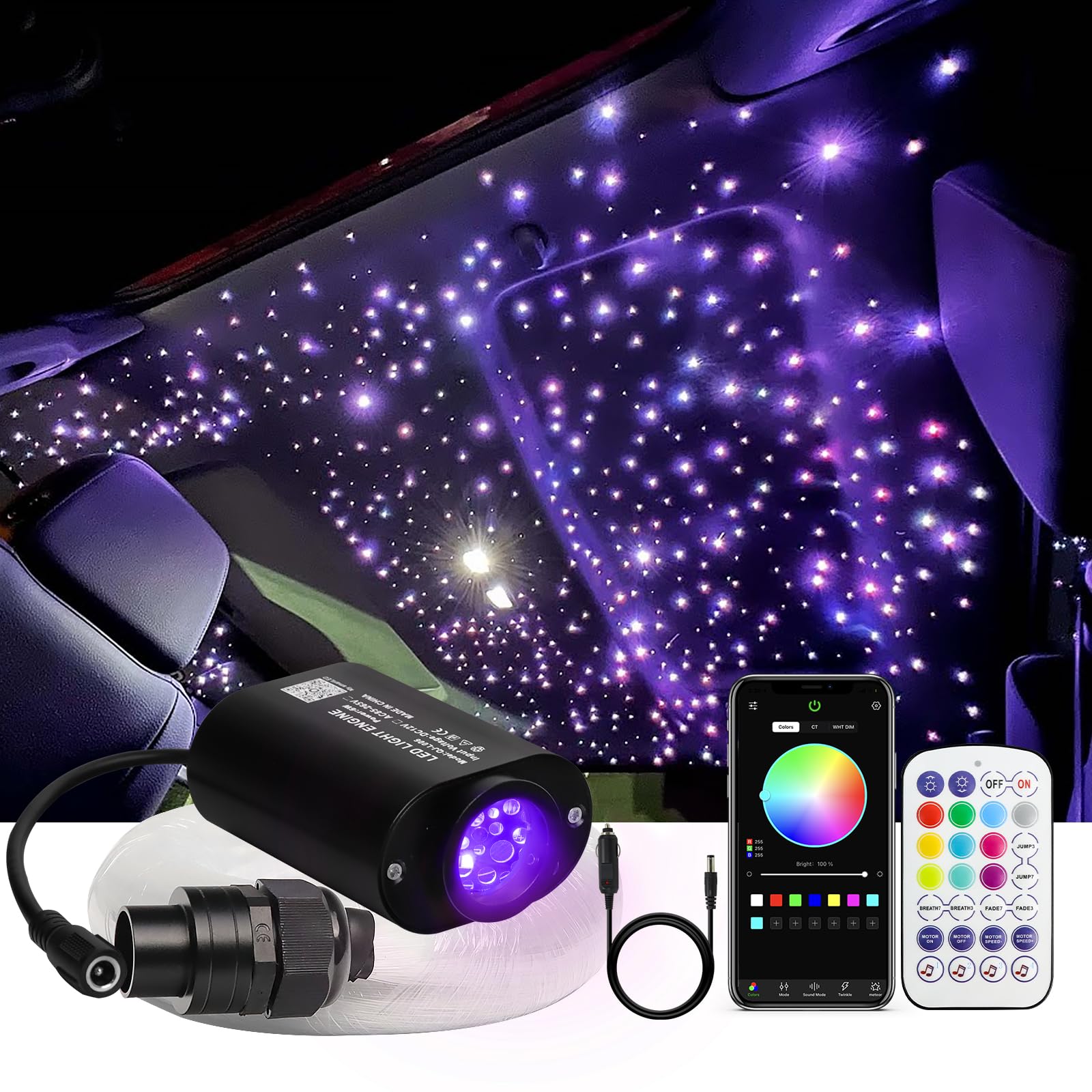 WEBUPAR 6W Car Twinkle Fiber Optic Starlight Headliner Kit, 150pcs, 0.03in*6.5ft, Sound-Activated, Color-Changing