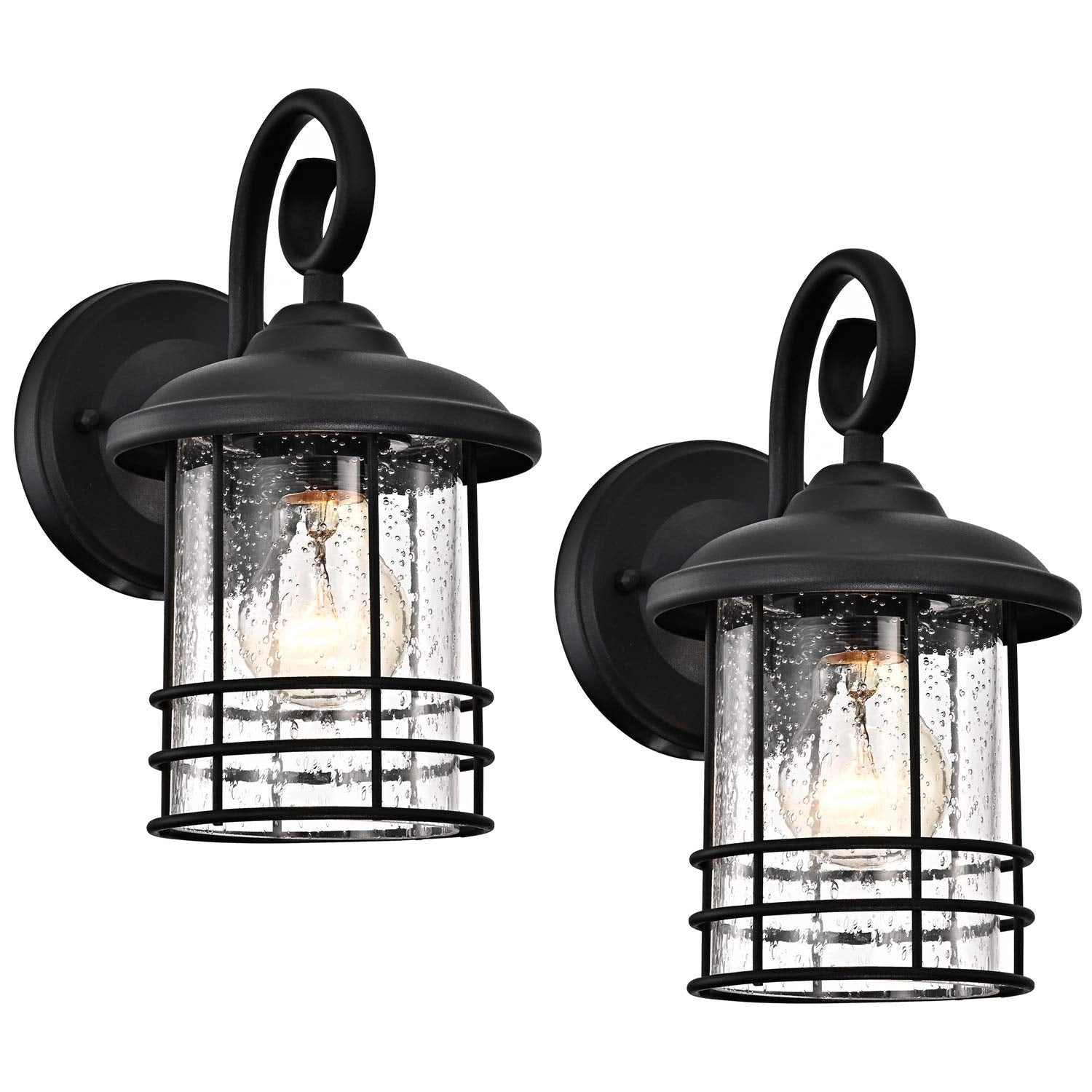 Micsiu Textured Black Outdoor Wall Light 2 Pack, 10 Metal Lantern With Clear Seedy Glass, Model A19010 For Entryway, Patio, And Garage