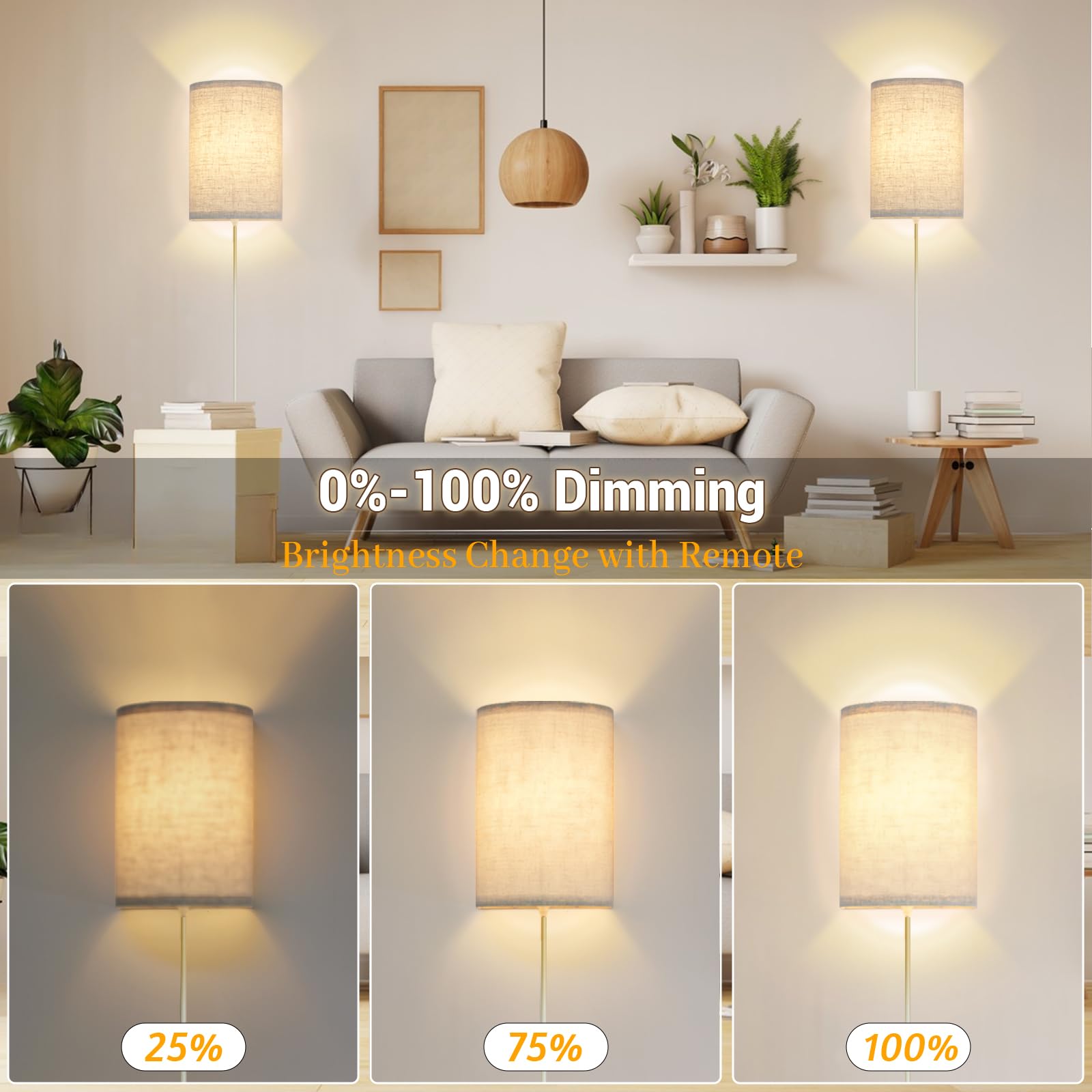 FINCMY Wall Sconce Light Set of 2, Dimmable Plug in Sconces with Remote, Beige Linen Lamp Shades, Model LED-AB