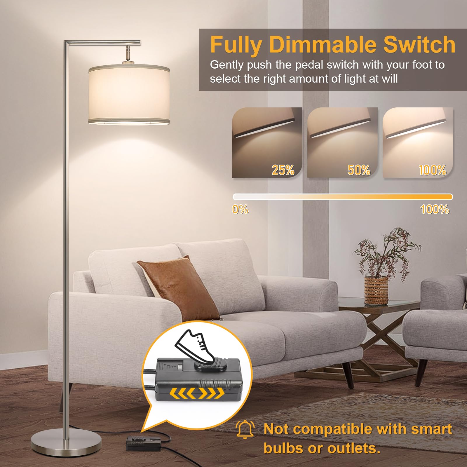 Boncoo LED Floor Lamp - Modern Dimmable Standing Light, Adjustable Head, Silver, 9W Bulb Included