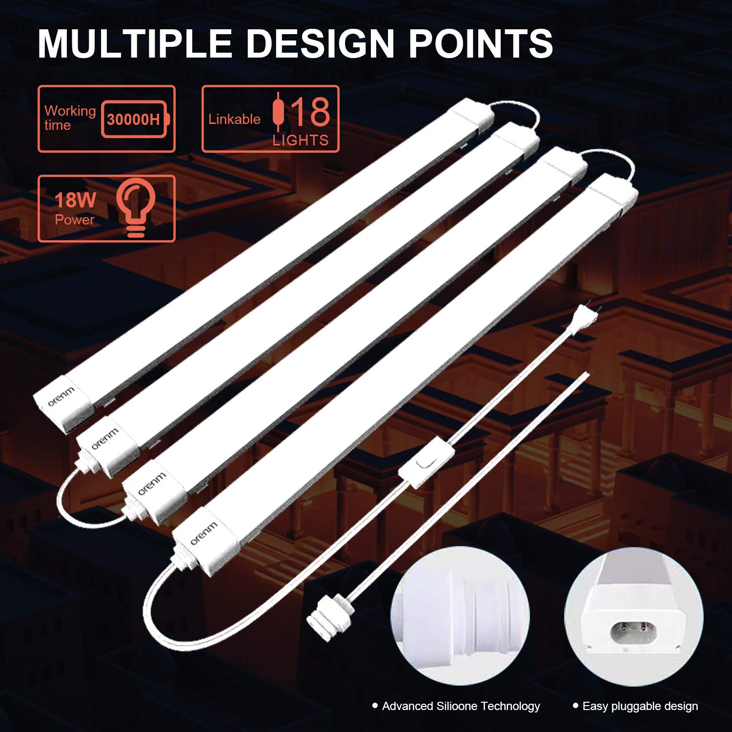 Plug And Play Linkable Waterproof Led Tube Light, 2Ft 18W 5000K With Switch Cord, Easy Installed On Ceiling Or Wall Without Wiri