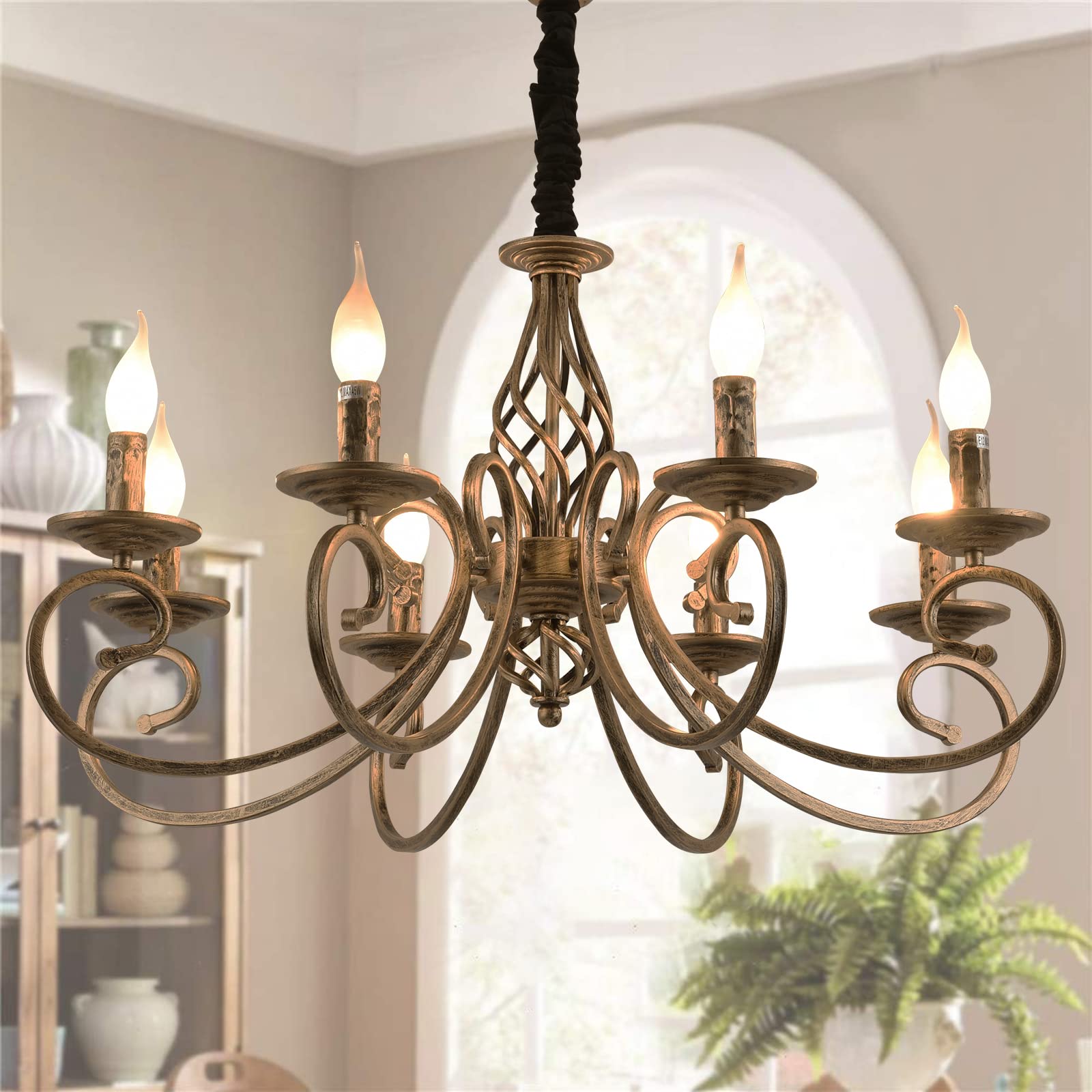 Ganeed Rustic 8-Light Candle Chandelier, Vintage Metal Pendant Light Fixture In Bronze For Farmhouse, Kitchen, Dining Room, Bedroom